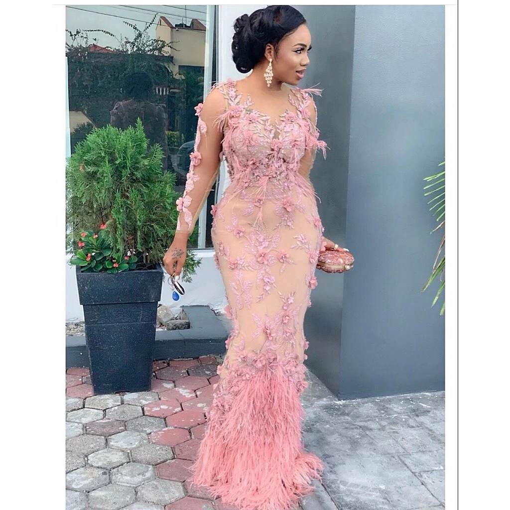 Luxury Pink Feather Mermaid Evening Dresses Long Sleeves Flower Appliques Beaded Aso Ebi Prom Dress Plus Size 2021