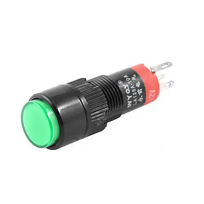 

DC 12V SPDT 5 Terminal Soldering Locking Green Lamp Press Push Button Switch