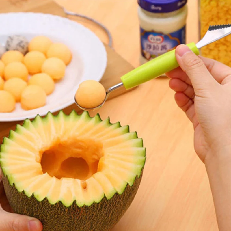 

Corrugated Carving Knife Ball Digger Kitchen ToolsTwo-Purpose Fruit Utensil Stainless Steel Watermelon Ice Cream Fruit Spoon