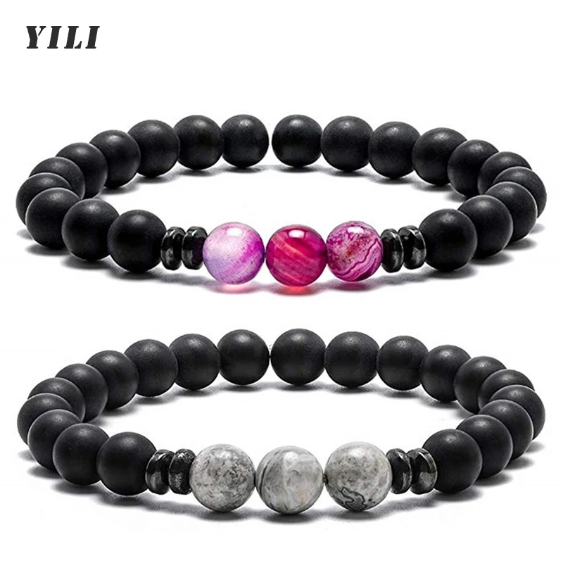 Black Matte Beads Bracelets for Men Women Elastic Rope Natural Stone Striped Agates Bracelet Healing Mala Jewelry | Украшения и
