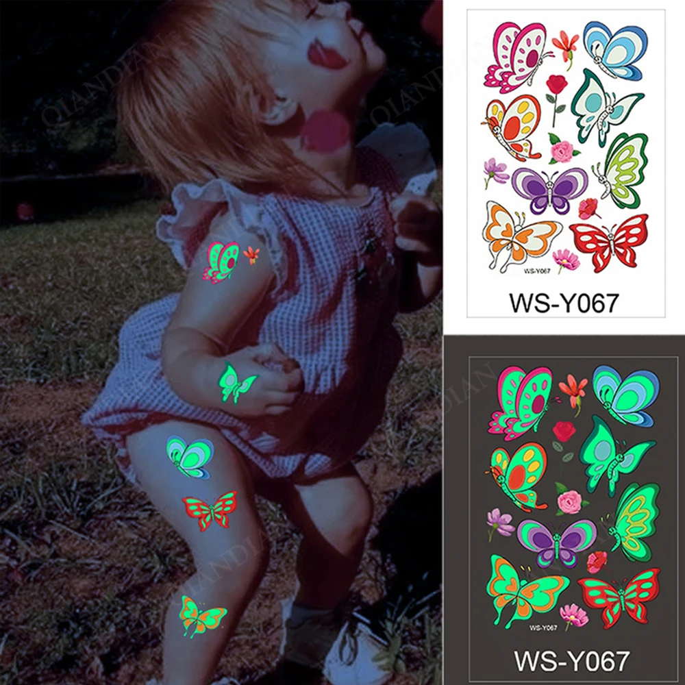 Tattoo Sticker Luminous Night Temporary Tattoo Sticker Children Unicorn Stars Dinosaur Car Animal Cartoon Waterproof Body Art