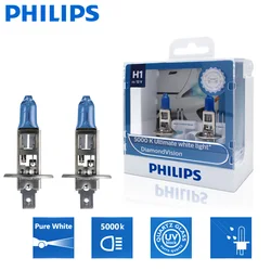 2X Philips H1 12V 55W P14.5s Diamond Vision 5000K Super White Light Car Halogen Bulbs Auto Headlight Lamps 12258DVS2