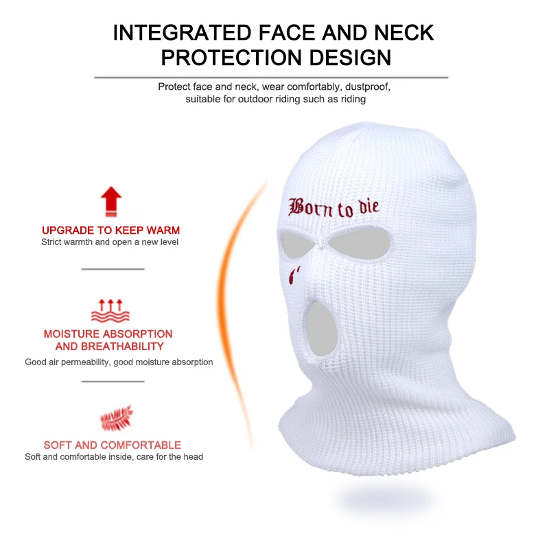 Fashion 3 Hole Winter Knitted Embroidery Born To Die Ski Mask Outdoor Sports Full Face Cover Warm Knit Balaclava for Adult Gifts grey skully hat