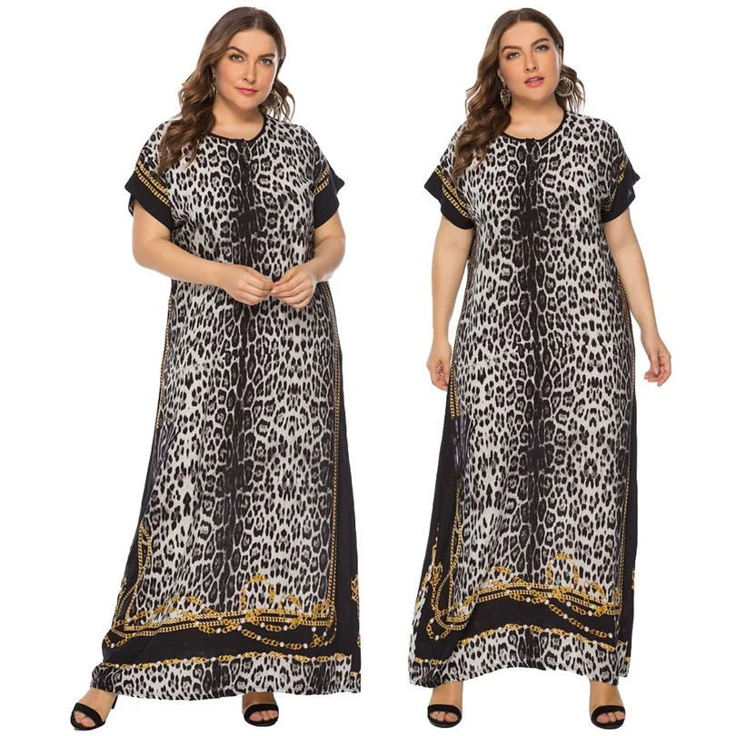 

Summer Dress Muslim Women Leopard Loose Long Boho Dress Short Sleeve Kaftan Abaya Caftan Robe Plus Size O-neck Arab Middle East
