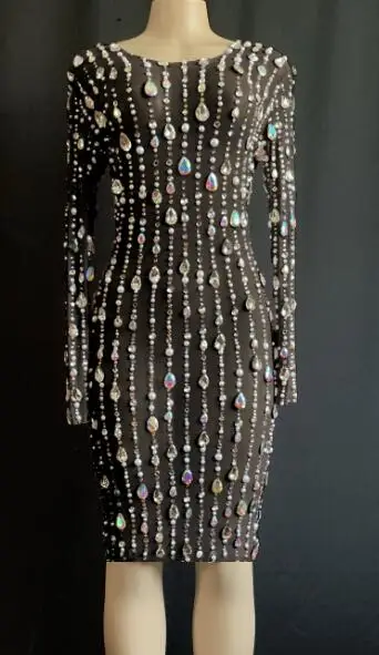 Flashing Design Rhinestones pearls Mesh Dress Birthday Celebrate Stretch Dress See Through Outfit Singer Prom Party Performance