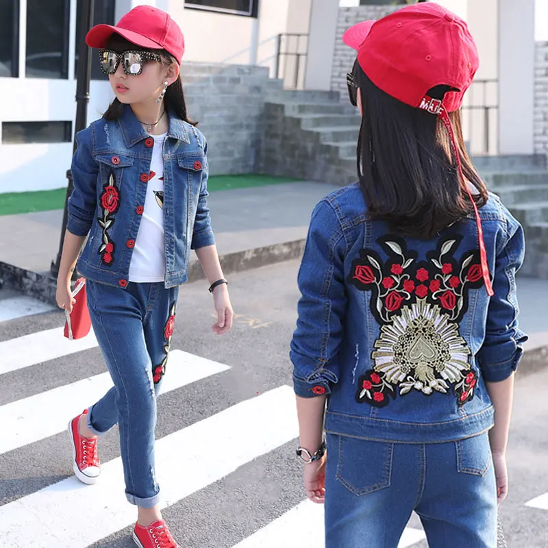 2 Pieces Long Sleeve Denim Sets Blue Washed Embroidered Flower Girls Kids Clothes Clothing Denim Jacket Set For 5-14 Years