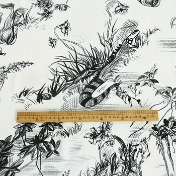 

100X145cm Black and white ink animal flowers and plants Printed Twill Polyester Fabric For Woman Summer Dress Blouse Tissu Tela