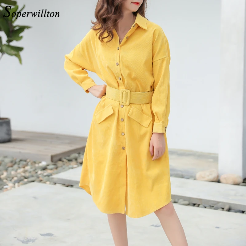 Lady Autumn Winter Midi Shirt Dress Women Long Sleeved Temperament Loose Corduroy Shirt Dresses Yellow Green Female Dress Shirt