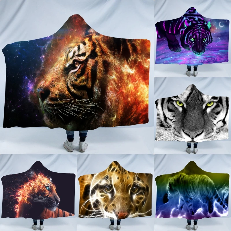

Tiger Printing Double Thick Woolen Fabric Blanket Hatded Wearable Going Out At Home Cloak Blanket