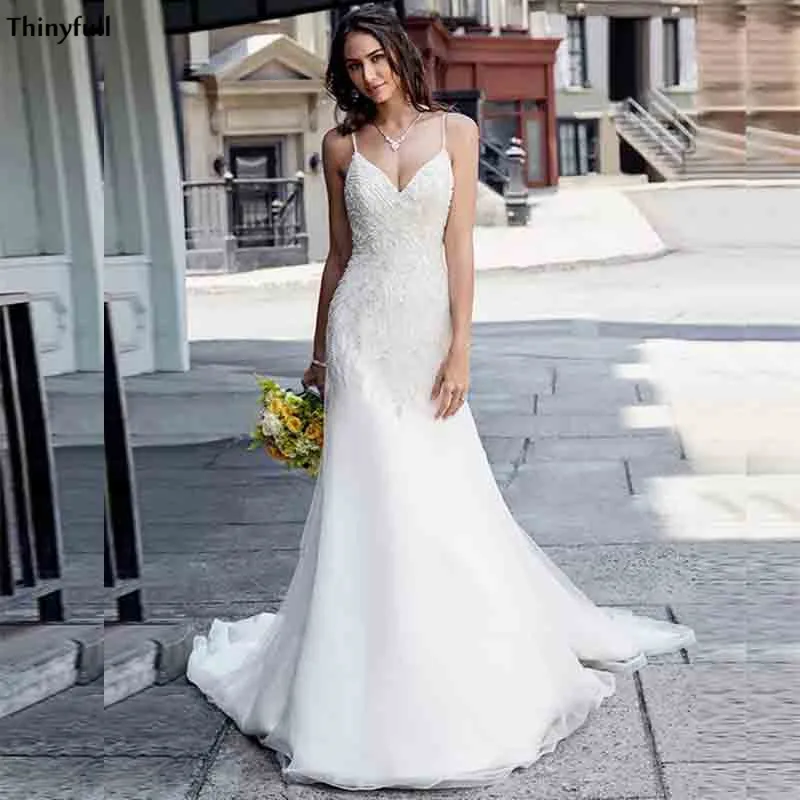 

Thinyfull Luxury Beaded Wedding Dresses Spaghetti Straps Sheath Boho Bride Dress Sparkly Princess Bridal Gowns Robe De Mariee