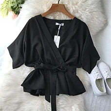 2019-Korean-Women-Bow-Lace-Up-Slim-Tops-And-Blouses-Ladies-V-Neck-Chiffon-Shirt-Half