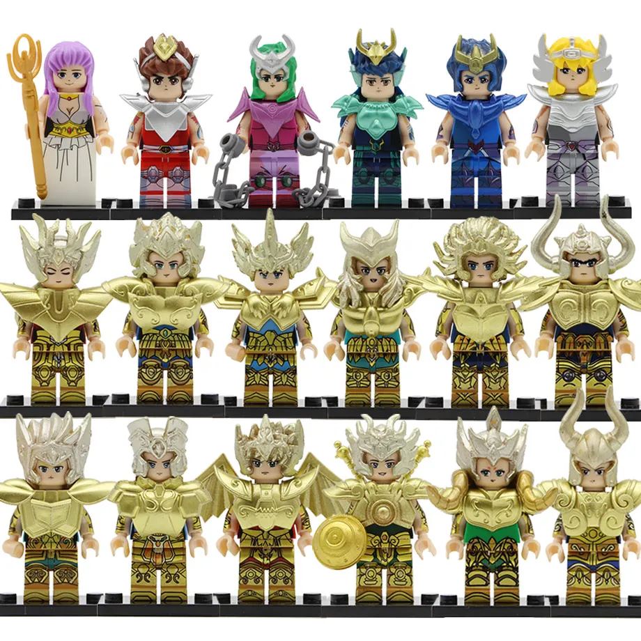 

6pcs/lot Gold Saint Seiya Cartoon Figure Athena Shiryu Mu SAGA Aioria Shaka Dohko Milo Aiolos Building Blocks Model Bricks Toys