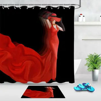 

Black Background Red Skirt Girl Waterproof Bathroom Curtain