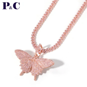 

Pink Cubic Zirconia Rose Gold Butterfly Pendant Necklaces with Pink Cuban Link Chain For Women Fashion Jewelry Gift