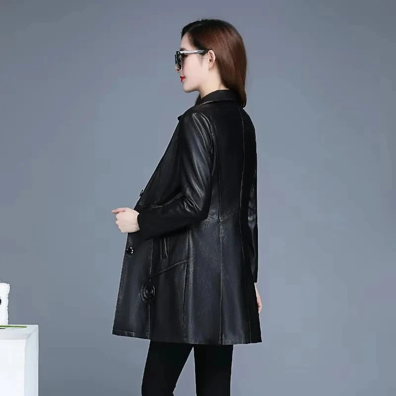 puffer coat women Women's Coat Spring & Autumn 2021 Fashion Korean Version Mid-Length PU Leather Jacket Slim Turndown Collar XL-7XL puffy coats