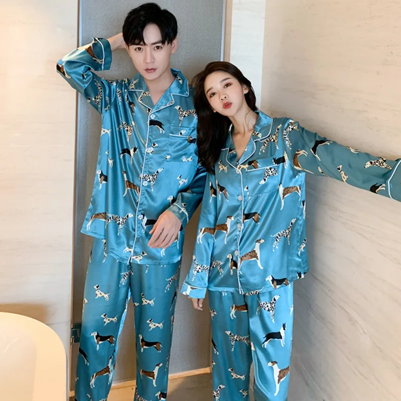 

Dalmatians INS Couples Pajamas Women's Autumn Men's Casual Long Sleeve Korean-style Imitated Silk Fabric Luxury Shirt Homewear S