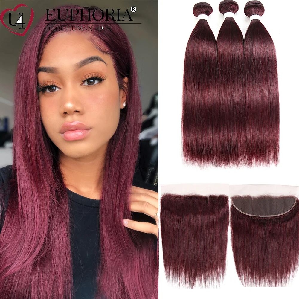 99J Straight Hair Bundles With Frontal 13x4 Burg Brown Color Brazilian Remy Human Hair 3 Bundles With Closure Frontal EUPHORIA