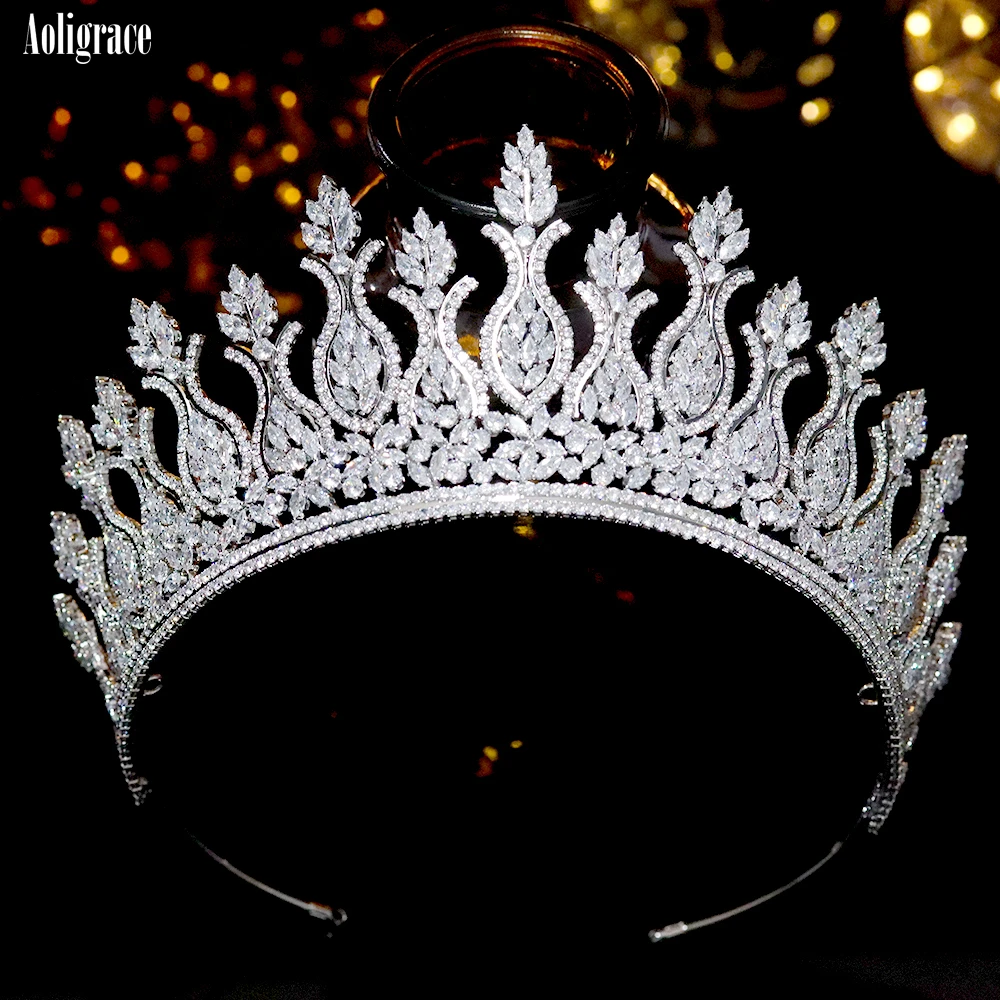 Luxury Big Cubic Zirconia Wedding Crowns Platinum Plated CZ Tall Tairas Unique Design Zircon Birthday Party Sweet 16 Headpieces