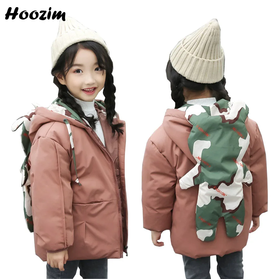 

2019 Detachable Camouflage Bear On Cap White Duck Down Jacket For Girls 2-8 Years Cute Children Outerwear Winter Solid Coat Boys