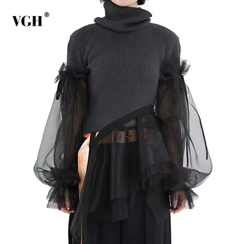 

VGH Patchwork Ruffle Mesh T-shirts For Women Turtleneck Lantern Long Sleeve Knitting T Shirts Female 2020 Fashion Clothing Tide