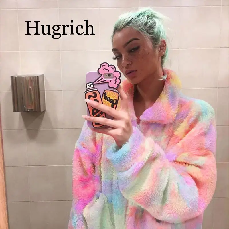 

2020 Women's Rainbow Plush Fleece Jackets Colorful Artificial Wool Collar Long Sleeved Zipper Thicken Teddy Jacket