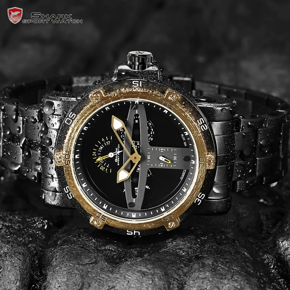 Shark Sport Watch Men Luxury Brand Golden Bezel Date Army Military Watches Clock Steel Quartz Relogio Masculino Greenland