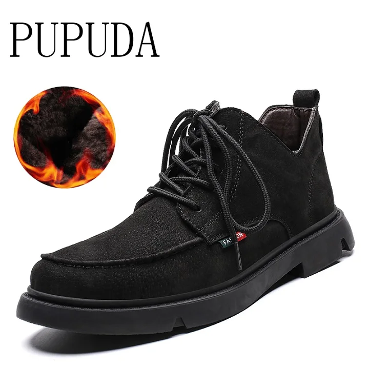 PUPUDA/зимние ботинки; Новинка; модные трендовые кроссовки на массивном каблуке; повседневная кожаная обувь для мужчин; классическая Уличная обувь; большие размеры 12 - Цвет: black Cotton shoes
