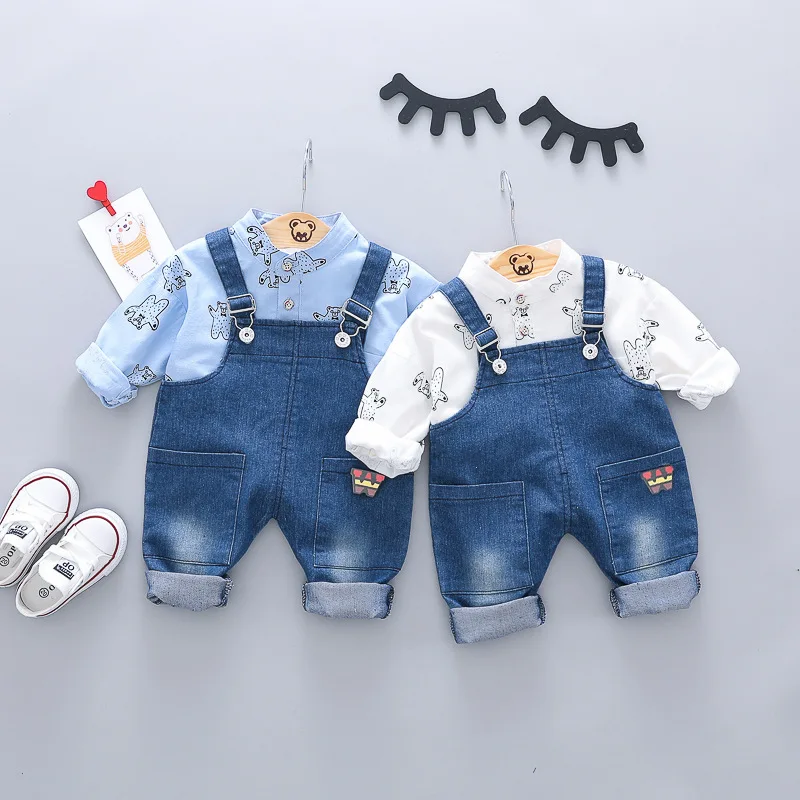

Children Spring New Style Bear Shirt Cowboy Suspender Pants Two-Piece Set Men And Women Children Korean-style Small CHILDREN'S S