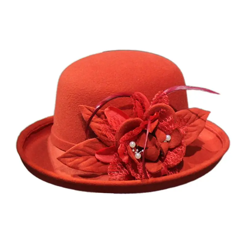 Женская зимняя винтажная Кепка из искусственного войлока с отделкой в виде цветка, перьев, искусственного жемчуга, бантом, элегантная Свадебная шапка в церковном стиле - Цвет: Orange Red