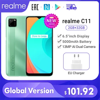 Перейти на Алиэкспресс и купить Realme C11 глобальная версия 4G мобильный телефон 2 ГБ 32 ГБ G35 5000 мАч аккумулятор 6,5 дюймов полноэкранный Helio G35 13MP двойная камера 3 слота для карт
