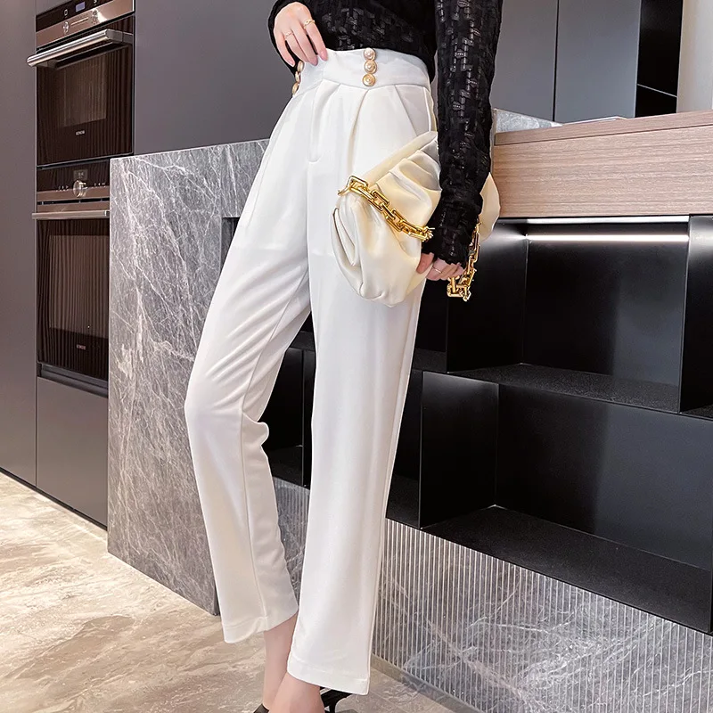 Solid High Waist Metal Buttons Women Pants Straight Leg Harem Ankle Length Elegant Draped Trousers Thin Cozy Female Bottom 2021 capri pants Pants & Capris