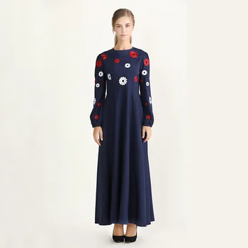 

Navy Blue Muslim Clothes For Female Embroidery Flower Moroccan Kaftan Gown Oversize Long Robe Gown Arabic Arabia Clothing Gown