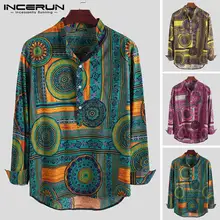 Мужская рубашка с принтом хлопок, воротник-стойка с длинным рукавом Свободные в этническом стиле винтажные повседневные рубашки для мужчин INCERUN camisa masculina