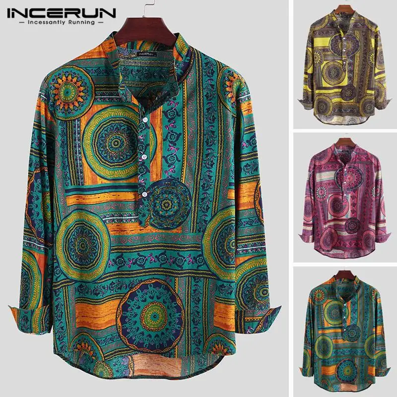 Men's Shirt Printing Cotton Stand Collar Long Sleeve Loose 2020 Ethnic Style Vintage Casual Shirts Men INCERUN camisa masculina Men's Shirt Printing Cotton Stand Collar Long Sleeve Loose 2020 Ethnic Style Vintage Casual Shirts Men INCERUN camisa masculina