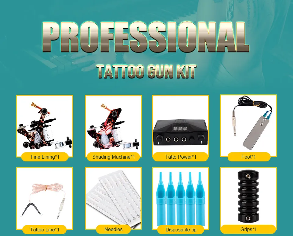 Профессиональный набор для татуировки, 2 тату-машинки, набор чернил, lcd источник питания, инструменты для татуировки, Перманентный боди-арт, полный набор для татуировки