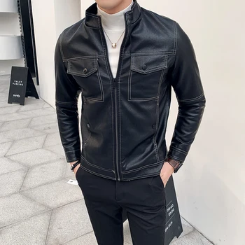 

Autumn new men's leather coat, fashion casual black motorcycle jacket, high quality brand PU jackets men 3XL
