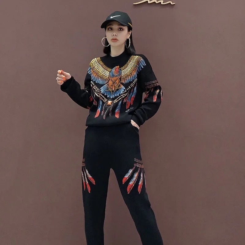 autumn-heavy-work-beaded-eagle-pattern-printing-knitted-sportswear-suit-women-knitwear-pullover-tops-trousers-sets-casual-female