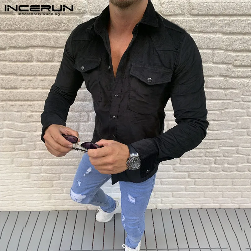 INCERUN Men Harajuku Joker Shirts Long Sleeve Pure Color Shirt Slim Button Pockets Warm Fleece Fashion Mens Blouse Camiseta