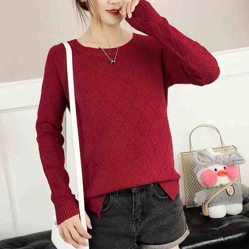 Wine Red Vangull вязаный женский свитер, новинка, весна-осень, круглый вырез, длинный рукав, свитер, пуловер, женский тонкий однотонный джемпер, женский свитер, топы - Цвет: Wine Red
