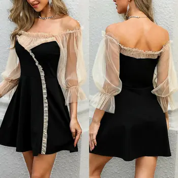 

Fashion Women Mesh Princess Dress Women Off Shoulder Formal Skater Dress Elegant Party Evening Lace Mesh Sleeve Dresses Vestidos