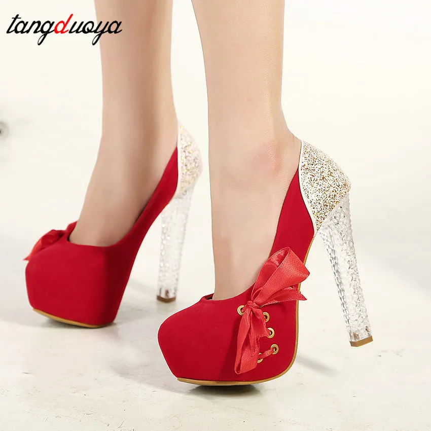 Tacones rojos sexis de lentejuelas de cristal, plataforma con tacones altos,  cabeza redonda, lazo en la boca, plataforma de tacón alto, zapatos de tacón  de novia rosa|Zapatos de tacón de mujer| -