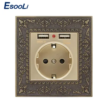 

Esooli Zinc Alloy High-end Retro Panel 16A Gold EU Standard Power Wall Socket With Dual USB 2.1A Charging Port Embossed Panel