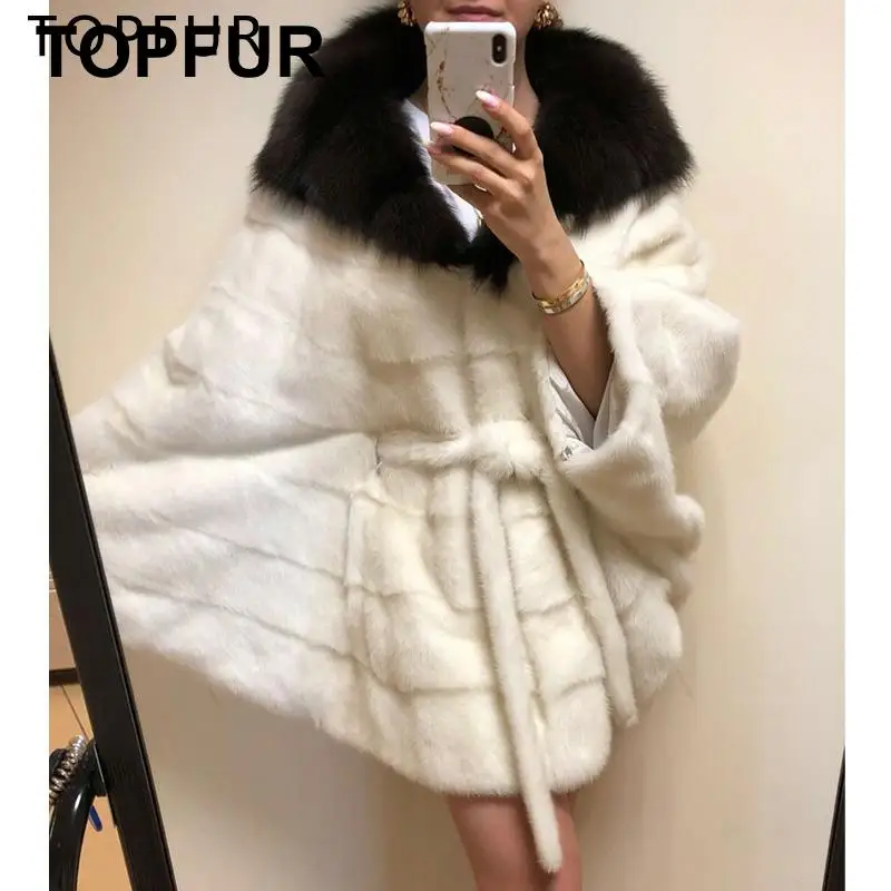 TOPFUR роскошное свободное Норковое пончо с рукавом «летучая мышь», женское белое Норковое меховое пальто, однотонное натуральное Норковое Пальто с большим лисьим мехом и отложным воротником