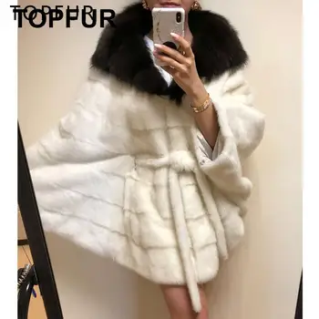 

TOPFUR Luxury Loose Bat Sleeve Mink Fur Poncho Women White Mink Fur Coat Solid Natrual Mink With Big Fox Fur Turndown Collar