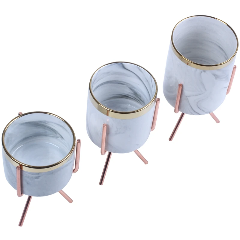 A2 Nordic Marble Pattern Vase Ceramic Iron Art Vase Rose Gold Silver Tabletop Green Plant Flower Pot Home Office Vases Decorative - Color: A2