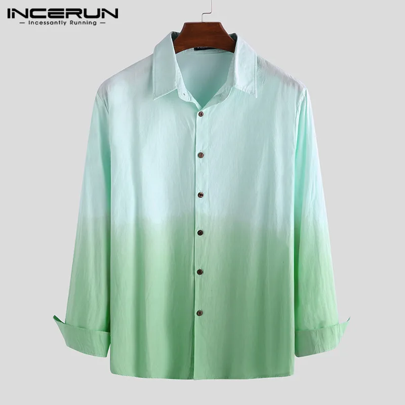 Green INCERUN, литературные градиентные цветные топы, мужская хлопковая рубашка с длинным рукавом и отворотом, осенняя мода, Harajuku, Джокер, на пуговицах, Мужская Повседневная блуза - Цвет: Green