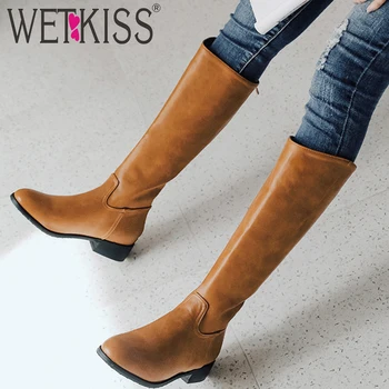 

WETKISS Knee High Boots Women Low Heels Boot Round Toe Shoes Female Motorcycle Shoes Ladies Zip Shoes Winter Plus Size 32-46