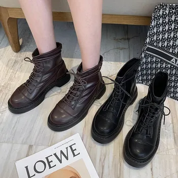 

Womens Black Boots Autumn Winter Ankle Solid Leather Lace Up Boots Ladies Warm Flat Plus Size Platform Lace Up Boots