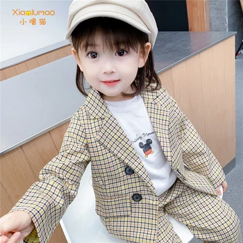 

2020 Retro Plaid Blazer Set For Girls Two Piece Children's Suits For Party Wedding Outfit Vintage Kids Blazer