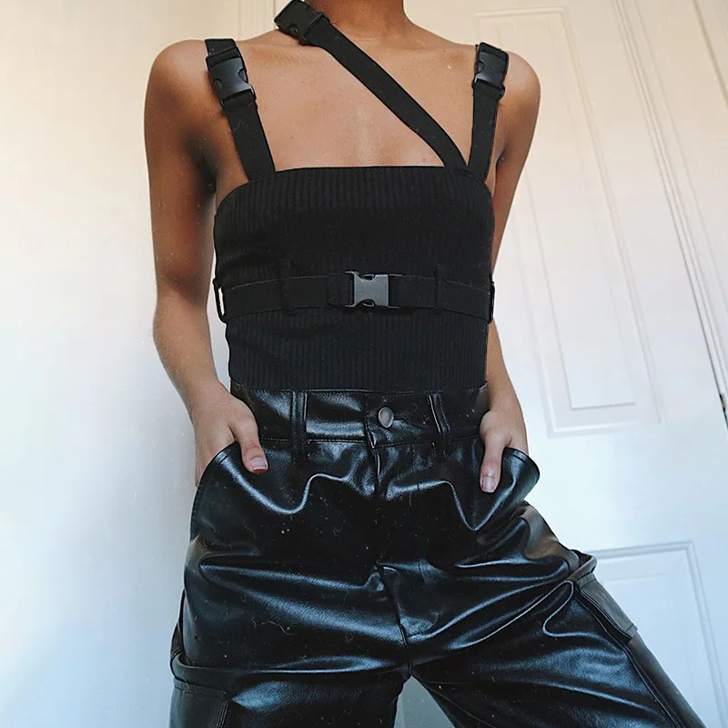 

2020 summer women's Gothic personality schoolbag buckle jumpsuit sexy bottom vest top jumpsuit